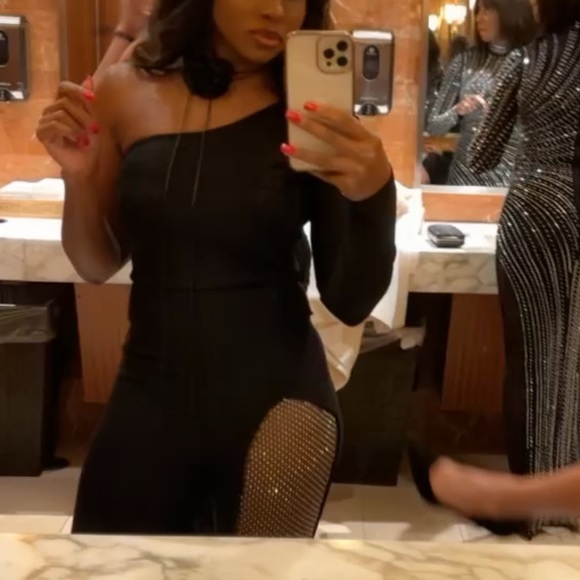 Black one shoulder jumpsuit with studded mesh leg detail. - Picture 4 of 4